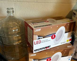 LED can lights, vintage glass water jug 