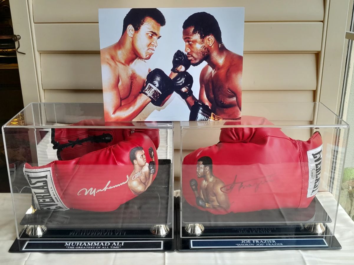 SPECTACULAR Pair Of Matched Everlast Boxing Gloves In Custom Display Cases Autographed By Muhammad Ali & Joe Frazier With Hand Painted Portraits & Signed By Doo S. Oh. (Certified By PSA/DNA & JSA)