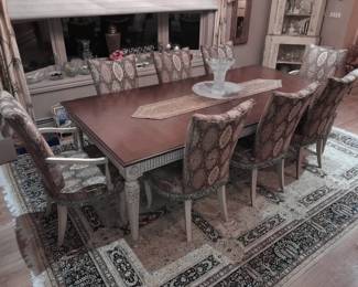 Dining Table W/ 8 Chairs Features A Rope Cherry With An Antico Finish, Fluted Apron, Rounded Legs, & 2 24" Self Storing Leaves With A Special Hidden Leaf Drawer Mechanism By Invincible IPF (Original Purchase Price Of Approximately $30,000 From Wallis Grant Interiors.)