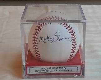 Baseball In Display Case Autographed By Mickie Rivers #17 & Roy White #6 - NY Yankees. (Uncertified).