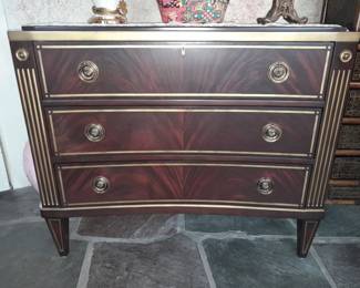 BEAUTIFUL Brown Solid Wood 3 Drawer Chest W/ Gold Painted Trim Details & Brass Drawer Ring Handles (Original Purchase Price Of $1,800 Purchased From Wallis Grant Interiors.)