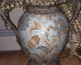 OVERSIZED Floral Arrangement In Beautiful Porcelain Vase/Urn W/ Cast Iron Handles & Base