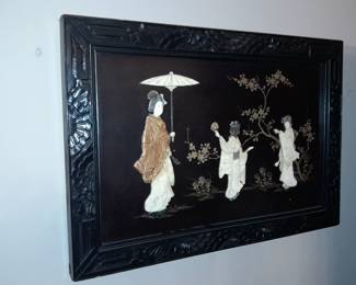 Black Lacquered Asian Wall Art W/ Hardstone Figures