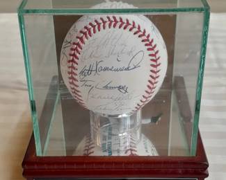 Rawlings Baseball In Custom Display Case Autographed By NY Yankees Derek Jeter #2 & Various Other Team Members. (Certified By Steiner Sports). 