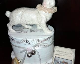 Bethany Lowe Easter Gift Set W/ Decorative Box, Chick Glass Ornament, & "Hobgoblin's Spring" Vintage Style Pin