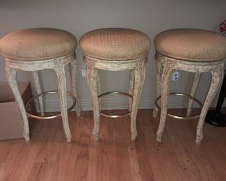 Kitchen Countertop Barstools With Carved Legs, Brass Rails, & Custom Upholstered Seats