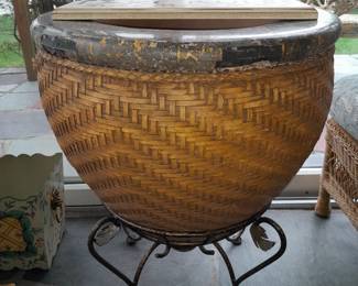 Oversized Wicker Planter On Cast Iron Stand Base (Original Purchase Price Of $672 From Wallis Grant Interiors.)