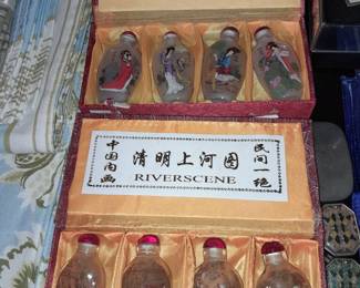 Mini  Handpainted Asian Bottles ("FourBeauties" & "Riverscene") W/ Boxes
