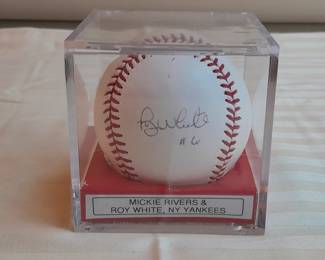 Baseball In Display Case Autographed By Mickie Rivers #17 & Roy White #6 - NY Yankees. (Uncertified).