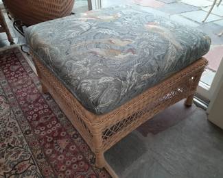 Brown Jordan Wicker Ottoman W/ Fern Leaf Upholstered Cushion - 2 Available (Originally Purchased From Wallis Grant Interiors.)