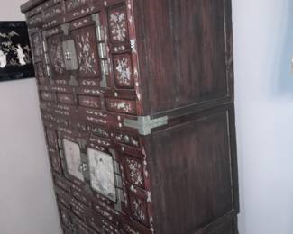 Antique 19th Century Korean Lacquered 3 Tier Wooden Cabinet With Handpainted Scenes & Mother Of Pearl Detail
