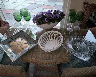 Assorted Tableware (Glasses, Platters, Etc.) W/ Faux Flowers