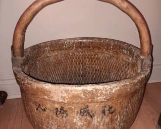 Antique Asian Handled Basket W/ Handpainted Characters