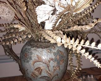 OVERSIZED Floral Arrangement In Beautiful Porcelain Vase/Urn W/ Cast Iron Handles & Base