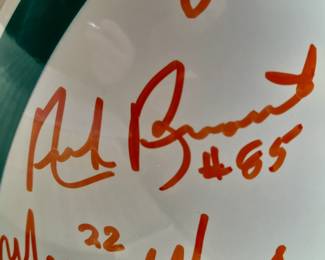 Miami Dolphins Full Size Helmet Signed By 10 Members From The 1972 Undefeated Super Bowl 7 Champion Team. Signed By Players Jim Langer #62, Jim Kiick #21, Paul Warfield #42, Bob Griese #12, Larry Csonka #39, Nick Buoniconti #85, Mercury Morris #22, Laury Little #66, Jake Scott #13, & Dan Shula. (Uncertified)