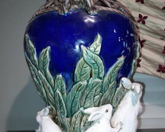 SPECTACULAR Vintage Majolica Bunny Figural Double Handled Vase With NO DAMAGE!