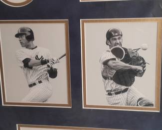 Framed Collage Of The NY Yankees Core Four Members (Jorge Posada, Mariano Rivera, Derek Jeter, & Any Pettitte) With 2 Logos, 5 Photos, 1 Plaque, & 5 Genuine World Series Patches. (Certified By Steiner Sports). Measures 32x28.