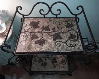 Mosaic Cast Iron 2 Level Bar Cart W/ Hand Tiled Shelves & Wheels (Original Purchase Price Of $1,094 From Wallis Grant Interiors.)