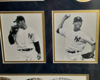 Framed Collage Of The NY Yankees Core Four Members (Jorge Posada, Mariano Rivera, Derek Jeter, & Any Pettitte) With 2 Logos, 5 Photos, 1 Plaque, & 5 Genuine World Series Patches. (Certified By Steiner Sports). Measures 32x28.