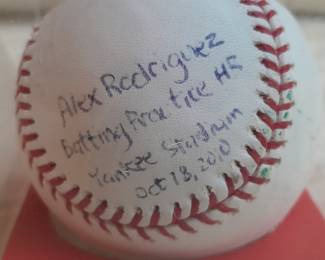 Baseball In Display Case Autographed By Alex Rodriguez Inscribed "Batting Practice HR Yankee Stadium Oct 18, 2010". (Uncertified).
