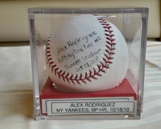 Baseball In Display Case Autographed By Alex Rodriguez Inscribed "Batting Practice HR Yankee Stadium Oct 18, 2010". (Uncertified).