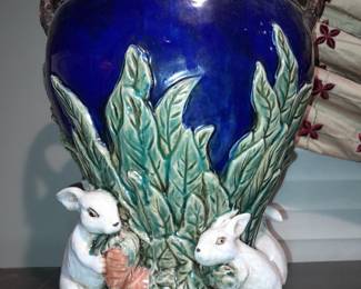 SPECTACULAR Vintage Majolica Bunny Figural Double Handled Vase With NO DAMAGE!