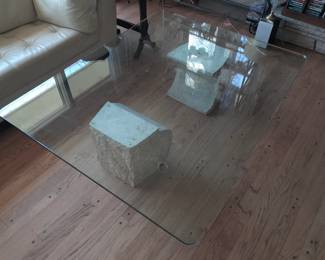 Original Mid-Century Modern Glass Top Coffee Table W/ Natural Stone Bases