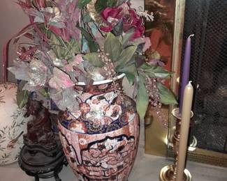 Large Porcelain Asian Vase W/ Faux Flowers