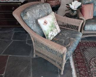 Brown Jordan Wicker Armchair W/ Fern Leaf Upholstered Cushions - 2 Available (Original Purchase Price Of $959 Each From Wallis Grant Interiors.)