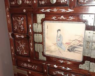 Antique 19th Century Korean Lacquered 3 Tier Wooden Cabinet With Handpainted Scenes & Mother Of Pearl Detail