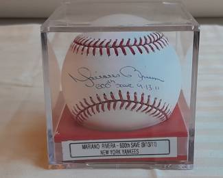 Baseball In Display Case Autographed By Mariano Rivera - NY Yankees Inscribed "600th Save 9-13-11". (Certified By Steiner Sports With Holographic Sticker). 