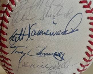 Rawlings Baseball In Custom Display Case Autographed By NY Yankees Derek Jeter #2 & Various Other Team Members. (Certified By Steiner Sports). 