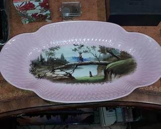 Antique Limoges Pink Oval Plater W/ Handpainted Scene