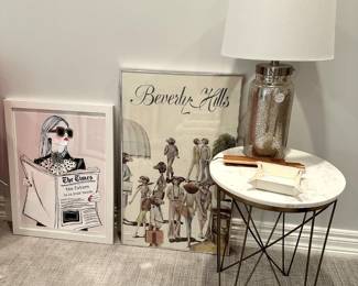 Marble top nightstand (2 available), lamp 