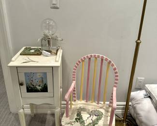 Custom painted children's chair and nightstand, lamp