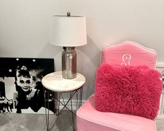 Marble top nightstand (2 available), Pottery Barn chair, pillows, Audrey Hepburn photo, lamp