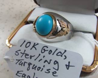 10K Gold, Sterling & Turquoise Eagle Ring