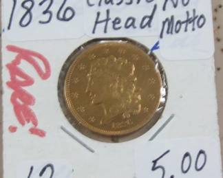 1836 Classic Head No Motto $5.00 Gold Coin