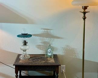 Antique Accent Table, Brass Floor Lamp, Antique Oil Lamp, Vintage Asian Signed Painting