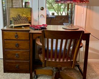 Antique Oak Desk and Antique Oak Swivel Office Chair Made by Jasper Chair Co