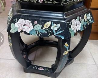 Asian hand painted sidetable w/glass top 