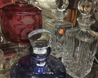 Assorted decanters +more