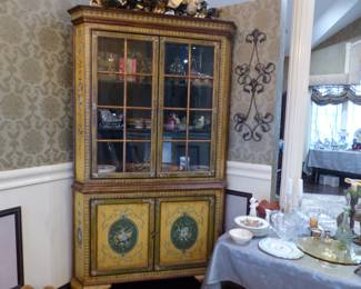 Corner curio cabinet with hand painted trim