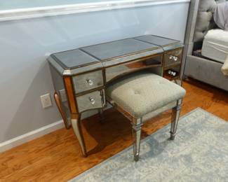 Mirrored vanity desk with bench