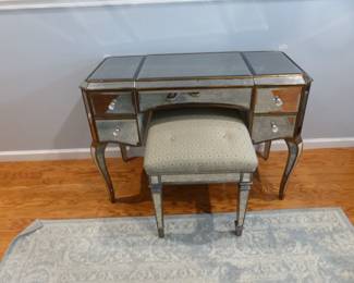 Mirrored vanity desk with bench