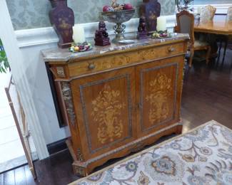 Marquetry inlaid marble top chest