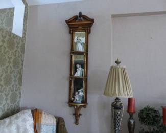 Pair of rectangular ornate mirrored wall shelves, bricabrac
