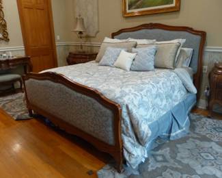 Mahogany frame upholstered headboard/footboard & bed frame, pair of bombe chest night tables