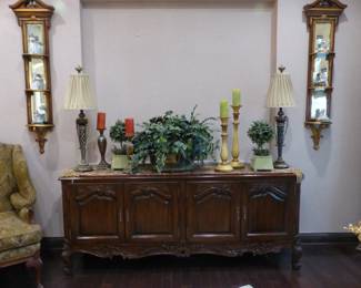 Traditional buffet cabinet, pair of rectangular ornate mirrored wall shelves, bricabrac