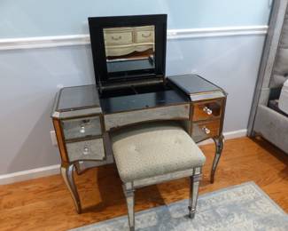 Mirrored vanity desk with bench